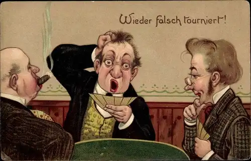 Präge Litho Wieder falsch tourniert, Männer beim Kartenspiel, Zigarre