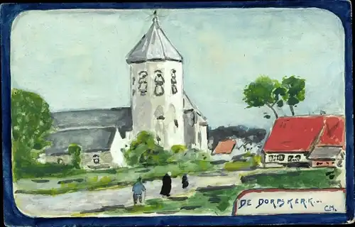 Handgemalt Ak Niederlande, De Dorpskerk, Dorfkirche