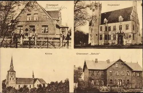 Ak Oldenswort in Nordfriesland, Hoyerswort, Kirche, Oldenswort Schule