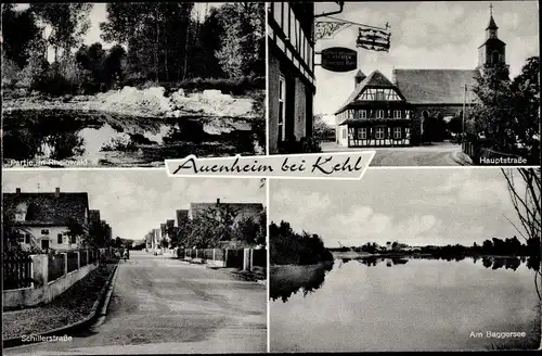 Ak Auenheim Kehl am Rhein, Rheinwald Partie, Hauptstraße, Schillerstraße, Baggersee