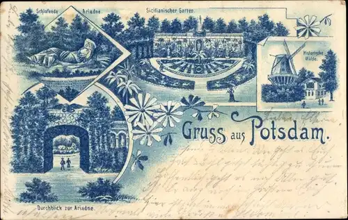 Litho Potsdam in Brandenburg, Sicilianischer Garten, Historische Mühle, Schlafende Ariadne