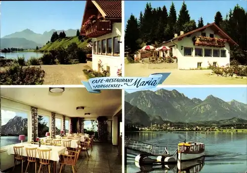 Ak Osterreinen bei Füssen im Ostallgäu, Café Restaurant Forggensee, Boot am Anleger