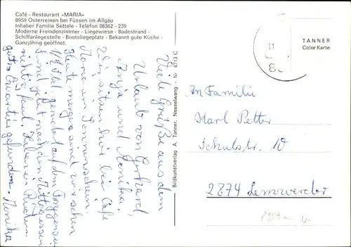 Ak Osterreinen bei Füssen im Ostallgäu, Café Restaurant Forggensee, Boot am Anleger