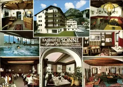 Ak Bad Hindelang im Oberallgäu, Badhotel Sonne, Restaurant Chesa Schneider, Wellenbad