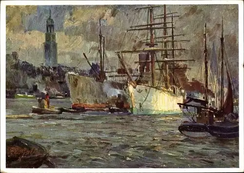 Künstler Ak Gabel, P. E., Hamburg, Hafenpartie, Segelschiff, Stadtansicht