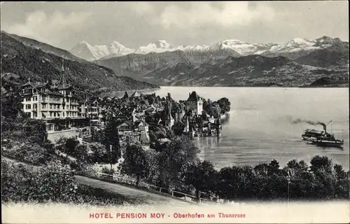 Ak Oberhofen am Thunersee Kanton Bern, Hotel Pension Moy, Seeblick, Dampfschiff