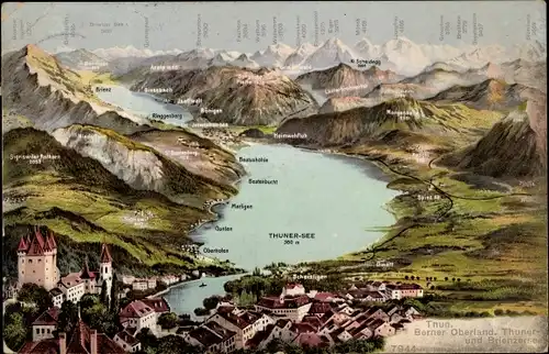 Ak Thun Kanton Bern Schweiz, Berner und Brienzer See, dreidimensionale Landkarte