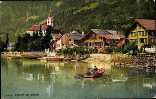 Ak Brienz Kanton Bern, Seeufer, Ruderboot, Ortspartie