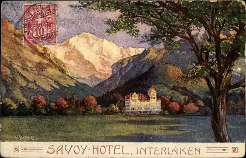 Künstler Ak Interlaken Kanton Bern Schweiz, Savoy-Hotel, Bergpanorama