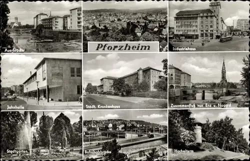 Ak Pforzheim im Schwarzwald, Krankenhaus, Stadtgarten, Jahnhalle, Auerbrücke