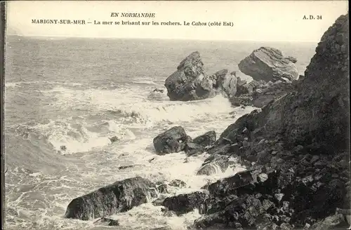 Ak Marigny Longues sur Mer Calvados, la mer se brisant sur les rochers, le Cahos, côté Est