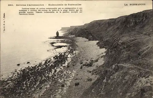 Ak Longues sur Mer Calvados, la Demoiselle de Fontenailles, Felsküste