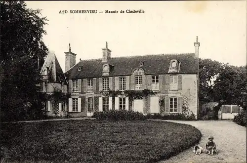 Ak Sommervieu Calvados, Manoir de Chedeville, Kind mit Hund