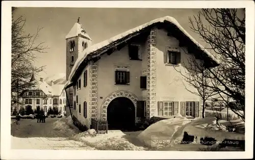 Ak Celerina Schlarigna Kanton Graubünden, Bündner-Haus, Winter, Ortspartie