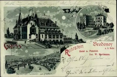 Mondschein Litho Bredeney Essen im Ruhrgebiet, Hotel Pension Ruhrstein, Werden, Villa Hügel, Nacht