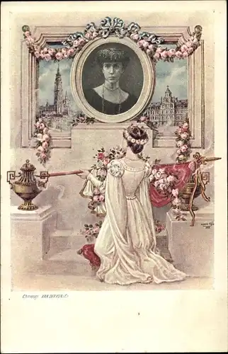 Ak Elisabeth, Reine de Belgique, Fahne, Portrait, Gebet