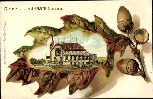 Präge Eichenblatt Litho Ruhrstein Essen im Ruhrgebiet, Gasthaus, Eicheln