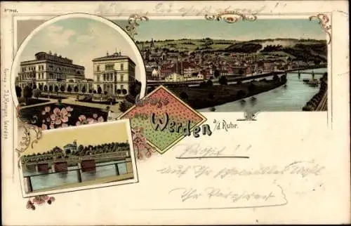 Litho Werden Essen im Ruhrgebiet, Blick auf den Ort, Brücke