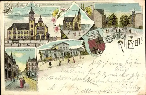 Wappen Litho Rheydt Mönchengladbach am Niederrhein, Rathaus, Bahnhof, Friedrich Wilhelm Straße