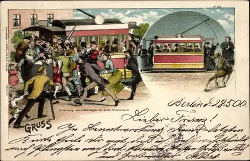 Litho Erstürmung eines Motorwagens der Elektrischen Straßenbahn, BB&OL