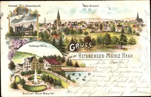 Litho Haan im Rheinland, Heidberger Mühle, Schloss Casparsbruch, Totale