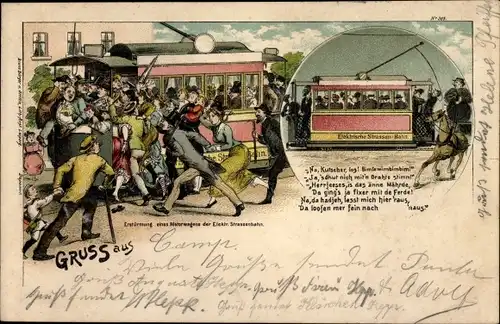 Litho Erstürmung eines Motorwagens der elektrischen Straßenbahn, Bruno Bürger Nr 365