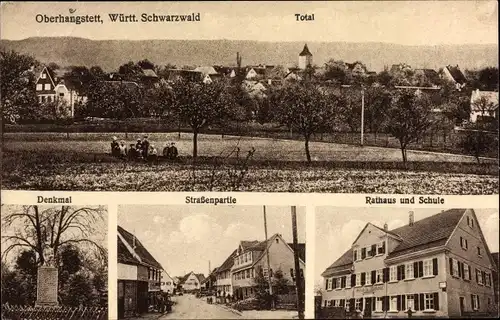 Ak Oberhaugstett Neubulach im Schwarzwald; Rathaus, Schule, Totalansicht, Denkmal