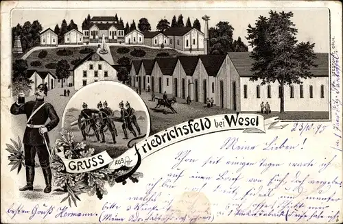 Vorläufer Litho Friedrichsfeld Voerde am Niederrhein, Kaserne, Baracken, Soldaten, 1895