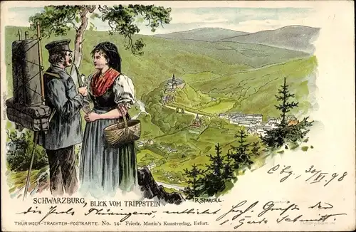 Künstler Litho Starcke, R., Schwarzburg in Thüringen, Blick vom Trippstein, Paar in Trachten