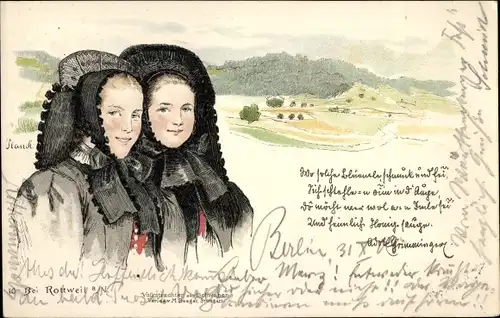 Künstler Litho Rottweil am Neckar, Zwei Frauen in Volkstrachten