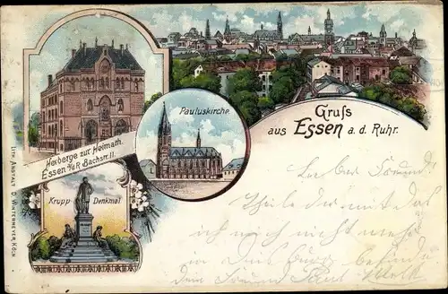 Litho Essen im Ruhrgebiet, Stadtbild, Kruppdenkmal, Pauluskirche, Herberge
