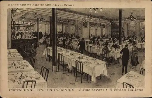 Ak Paris II., Restaurant Italien Piccardi, Rue Favart, Boulevard des Italiens, Innenansicht