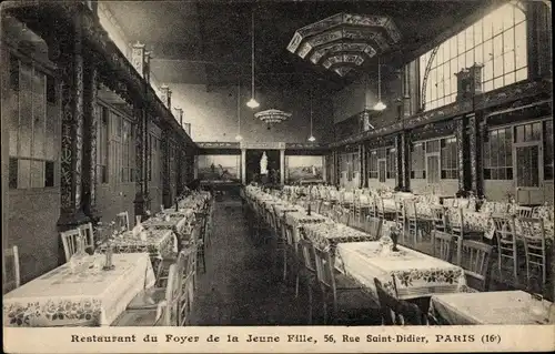 Ak Paris XVI., Restaurant du Foyer de la Jeune Fille, Rue Saint Didier, Innenansicht