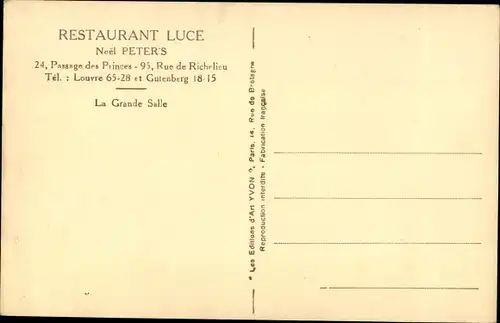 Ak Paris II., Restaurant Luce, Passage des Princes, Rue de Richelieu, Grande Salle