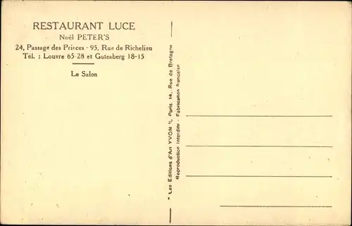 Ak Paris II., Restaurant Luce, Passage des Princes, Rue de Richelieu, Grande Salle