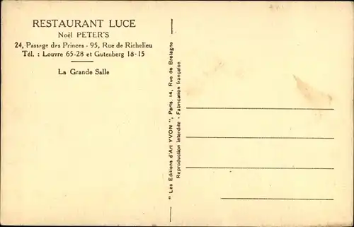 Ak Paris II., Restaurant Luce, La Grande Salle, 24. Passage des Princes