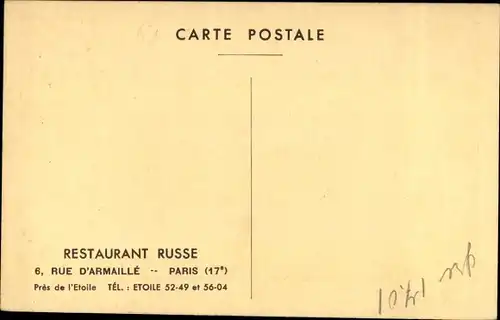 Ak Paris XVII., Restaurant Russe, Rue d'Armaille