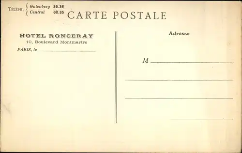 Ak Paris XVIII., Hotel Ronceray, Restaurant, Boulevard Montmartre