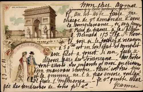 Litho Paris VIII., Arc de Triomphe, La Mode en 1800, Belle Jardiniere