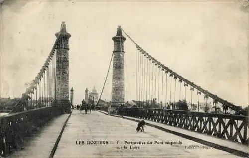 Ak Les Rosiers Maine et Loire, Perspective du Pont suspendu sur la Loire