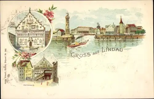 Litho Lindau am Bodensee Schwaben, Rathaus, Leuchtturm, Hafeneinfahrt