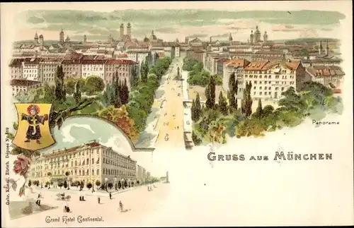 Litho München Bayern, Panorama der Stadt, Wappen, Grand Hotel Continental