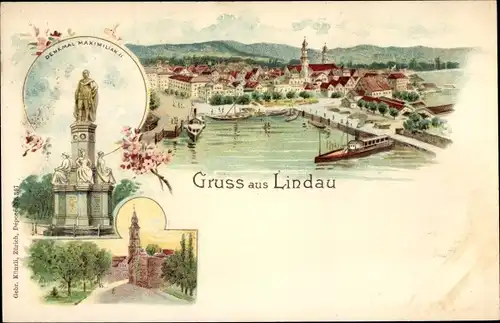 Litho Lindau am Bodensee Schwaben, Denkmal Maximilian II, Blick auf den Ort