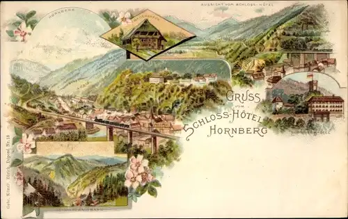 Litho Hornberg im Schwarzwald, Bauernhaus, Schlosshotel, Blick auf den Ort, Schwarzwaldbahn