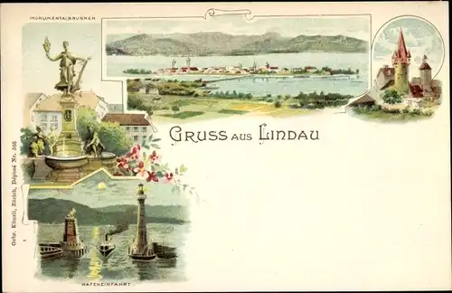 Litho Lindau am Bodensee Schwaben, Hafeneinfahrt, Leuchtturm, Monumentalbrunnen, Totalansicht
