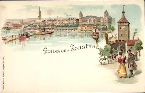 Litho Konstanz am Bodensee, Blick auf den Ort, Tor