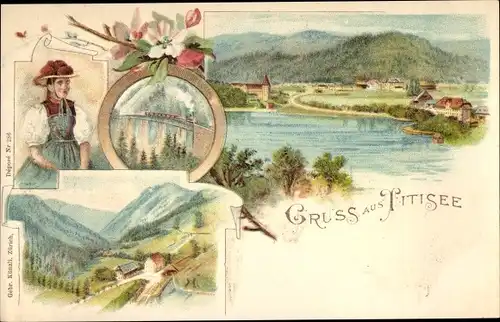 Litho Titisee Neustadt im Breisgau Hochschwarzwald, Frau in Tracht, Blick auf den Ort