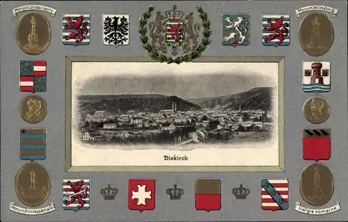 Präge Wappen Passepartout Ak Diekirch Luxemburg, Blick auf den Ort, Denkmale