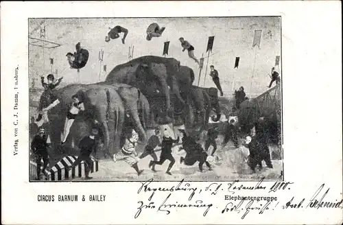 Ak Circus Barnum & Bailey, Elefantengruppe, Artisten