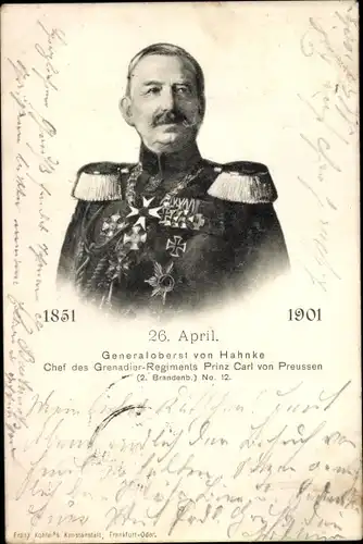 Ak Generaloberst von Hahnke, Chef des Grenadier-Regiments Prinz Carl von Preußen, Portrait, Uniform